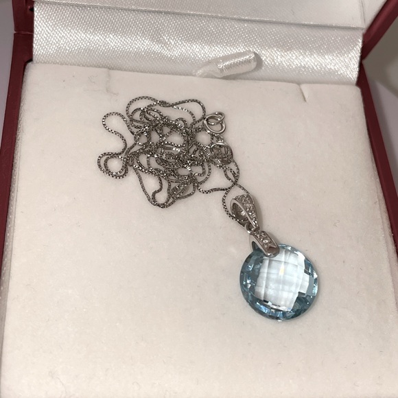 Solid 14K White Gold Fancy Cut Round Blue Topaz Diamond Accent Pendant Necklace - Picture 9 of 14